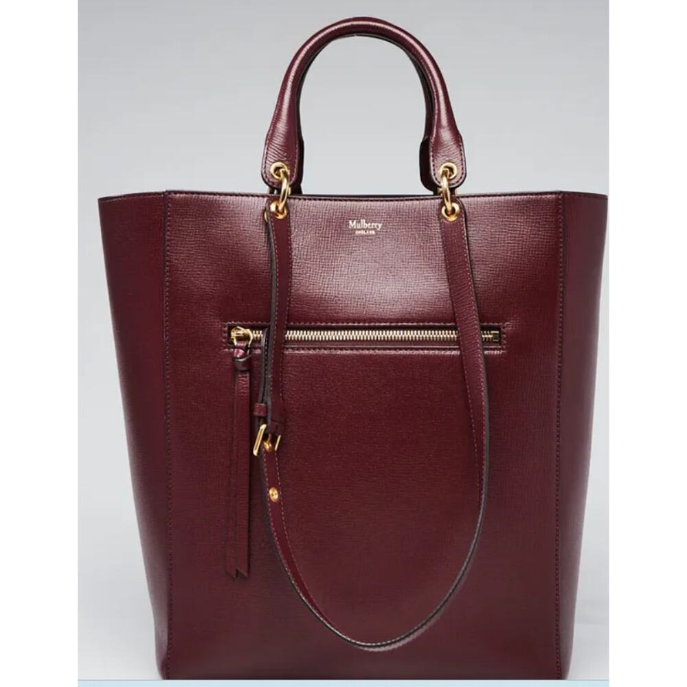 Mulberry Goatskin Leather Tote Burgundy Purple Removable Pouch Gold Hardware